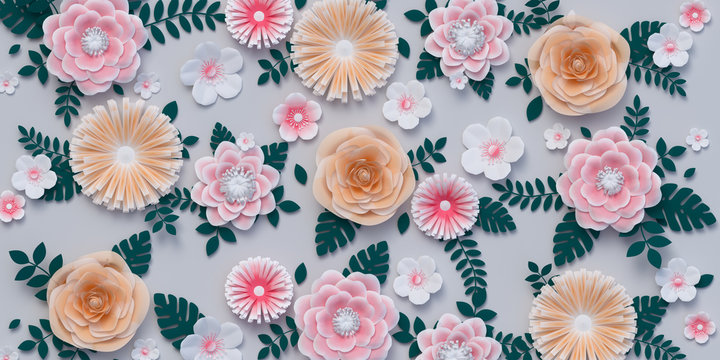 Paper Floral Background, Artificial Papercraft Flowers Pattern. 3d Rendering