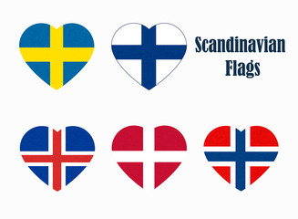 Flags of Scandinavia in heart shape. Scandinavian northern states. Isolated  button with scratched texture, grunge. Illustration with marble textured background. Nordic countries banners icons.