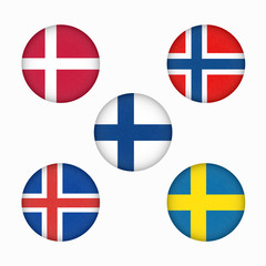 Flags of Scandinavia in circle shape. Scandinavian northern states. Isolated  button with scratched texture, grunge. Illustration with marble textured background. Nordic countries banners icons.