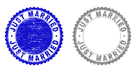 Grunge JUST MARRIED stamp seals isolated on a white background. Rosette seals with distress texture in blue and grey colors. Vector rubber stamp imitation of JUST MARRIED caption inside round rosette.
