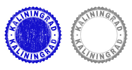 Grunge KALININGRAD stamp seals isolated on a white background. Rosette seals with grunge texture in blue and gray colors. Vector rubber stamp imprint of KALININGRAD title inside round rosette.