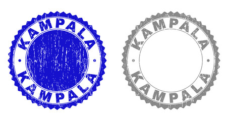 Grunge KAMPALA stamp seals isolated on a white background. Rosette seals with grunge texture in blue and gray colors. Vector rubber stamp imitation of KAMPALA caption inside round rosette.