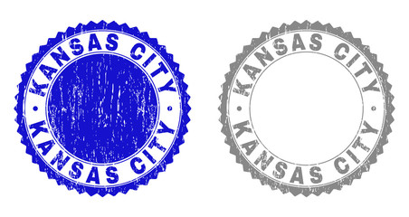 Grunge KANSAS CITY stamp seals isolated on a white background. Rosette seals with distress texture in blue and grey colors. Vector rubber stamp imitation of KANSAS CITY label inside round rosette.