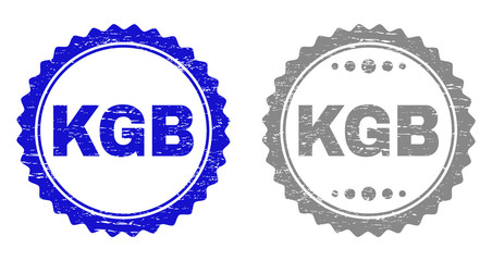 Grunge KGB stamp seals isolated on a white background. Rosette seals with distress texture in blue and grey colors. Vector rubber stamp imprint of KGB text inside round rosette.