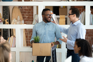 Friendly executive manager ceo welcoming happy african american employee