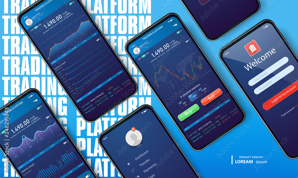 Poster mobile app infographic template with modern design. smartphone mock-up on blue gradient background. 