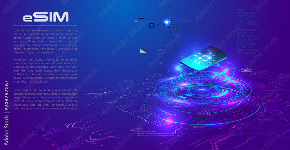 Aufkleber esim card chip sign. embedded sim concept. new mobile communication technology. futuristic projectio