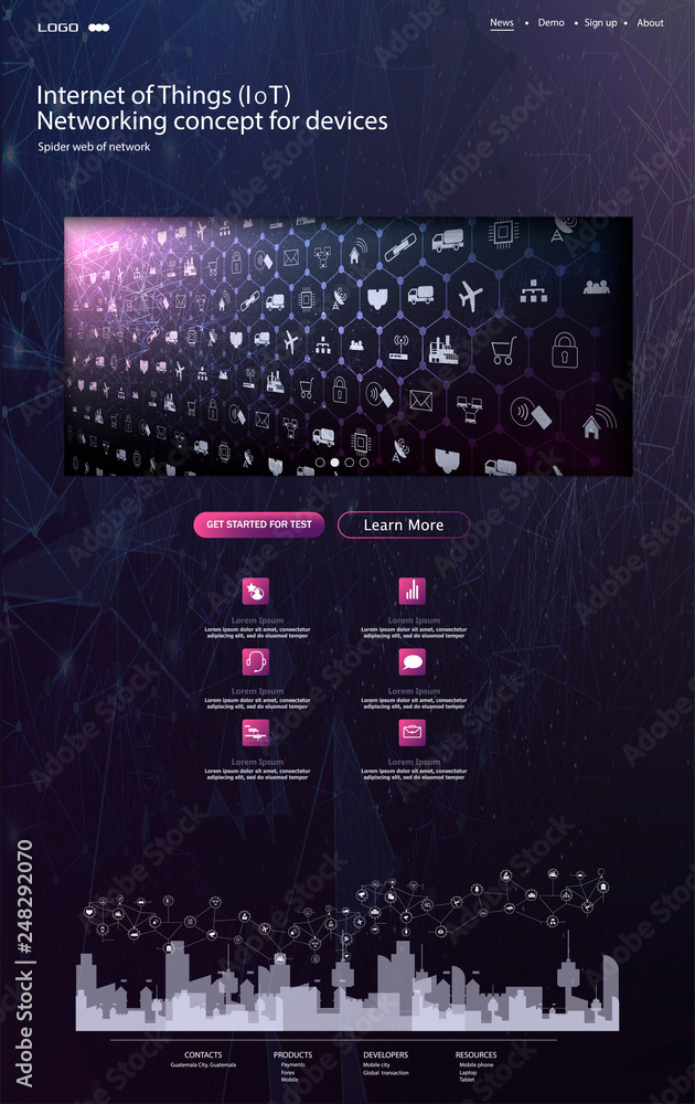 Poster website template vector. landing web page. internet of things (iot) and networking concept for conne