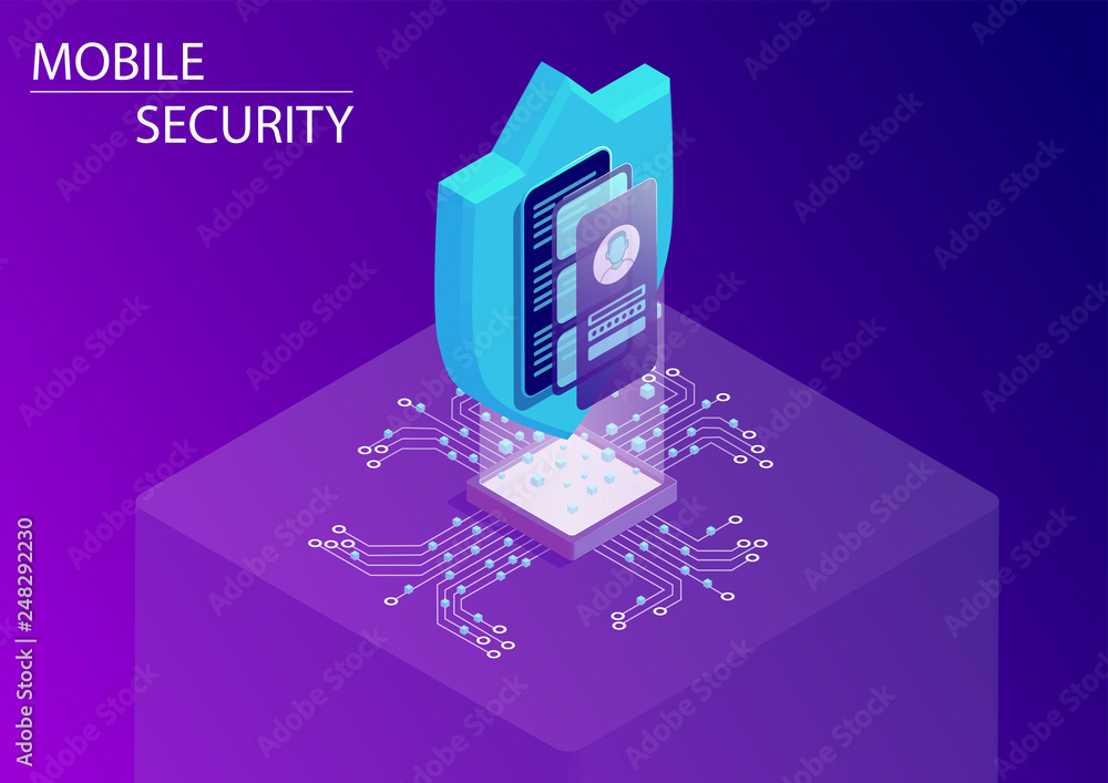 Poster mobile it security concept with smartphone and login screen. 3d isometric vector illustration.