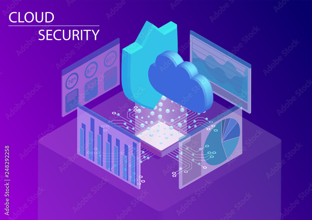 Aufkleber cloud computing security concept. 3d isometric vector illustration.