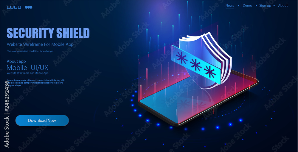 Poster mobile data security isometric vector illustration. smart app protects smart phone from thefts and h