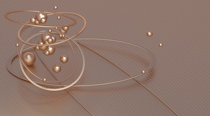 Gold figures on a gold background. Abstract composition of balls and rings. 3D illustration