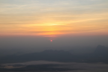 Beautiful sunset or sunrise sky above clouds with dramatic light.