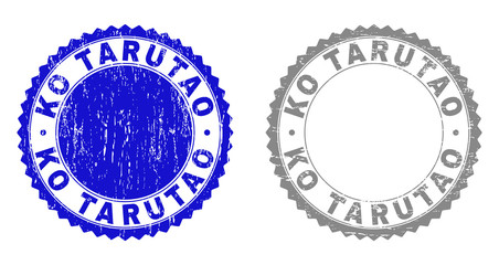 Grunge KO TARUTAO stamp seals isolated on a white background. Rosette seals with grunge texture in blue and grey colors. Vector rubber stamp imprint of KO TARUTAO text inside round rosette.