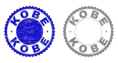 Grunge KOBE stamp seals isolated on a white background. Rosette seals with distress texture in blue and grey colors. Vector rubber stamp imitation of KOBE text inside round rosette.