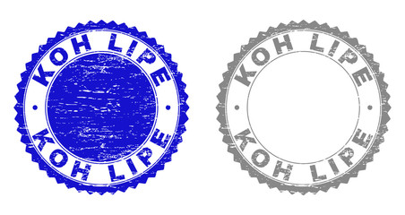 Grunge KOH LIPE stamp seals isolated on a white background. Rosette seals with grunge texture in blue and gray colors. Vector rubber watermark of KOH LIPE tag inside round rosette.