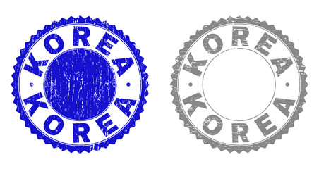 Grunge KOREA stamp seals isolated on a white background. Rosette seals with grunge texture in blue and grey colors. Vector rubber stamp imprint of KOREA caption inside round rosette.