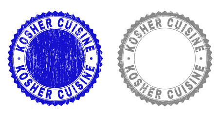 Grunge KOSHER CUISINE stamp seals isolated on a white background. Rosette seals with grunge texture in blue and grey colors. Vector rubber watermark of KOSHER CUISINE label inside round rosette.