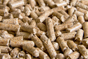 Wood pellets close up .Biofuels. Biomass Pellets - cheap energy. The cat litter.