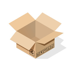 Open 3d cardboard box in isometric style with flat shadow. Plus a set of basic informational signs and packaging and product requirements. EPS10