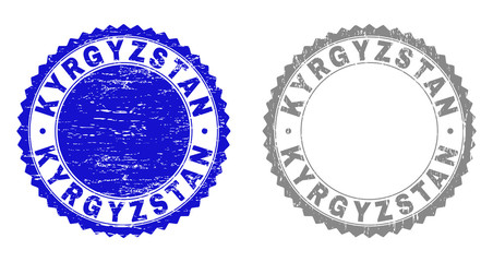 Grunge KYRGYZSTAN stamp seals isolated on a white background. Rosette seals with distress texture in blue and gray colors. Vector rubber overlay of KYRGYZSTAN tag inside round rosette.