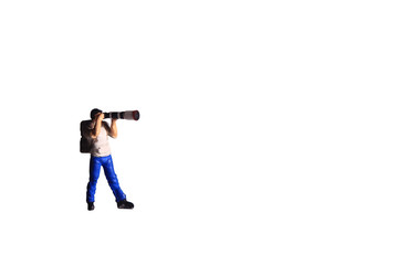 Mini Figure toy photographer take a photo, standing isolated on white