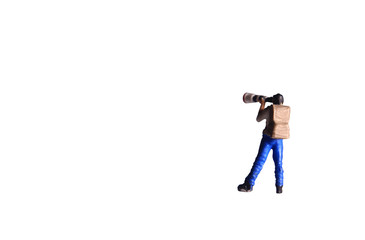 Mini Figure toy photographer take a photo, standing isolated on white
