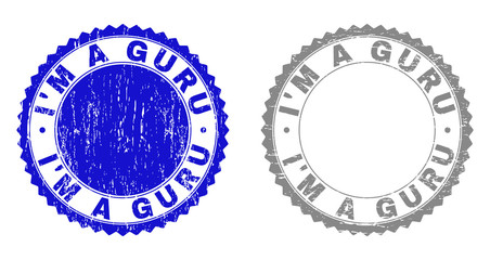 Grunge I'M A GURU stamp seals isolated on a white background. Rosette seals with grunge texture in blue and grey colors. Vector rubber stamp imitation of I'M A GURU title inside round rosette.