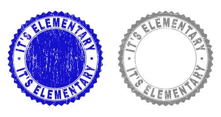 Grunge IT'S ELEMENTARY stamp seals isolated on a white background. Rosette seals with distress texture in blue and grey colors.
