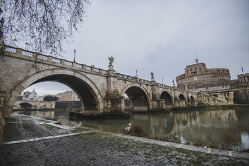 Panoramic view on the Aelian Bridge (Ponte Sant'Angelo ) and Castle Sant'Angelo in Rome Italy