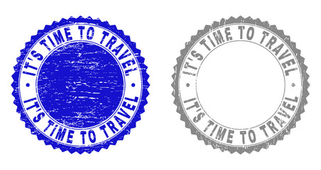Grunge IT'S TIME TO TRAVEL stamp seals isolated on a white background. Rosette seals with grunge texture in blue and grey colors.