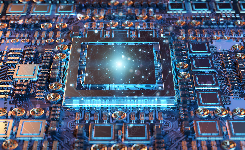 Aufkleber Close-up view of a modern GPU card with connections 3D rendering