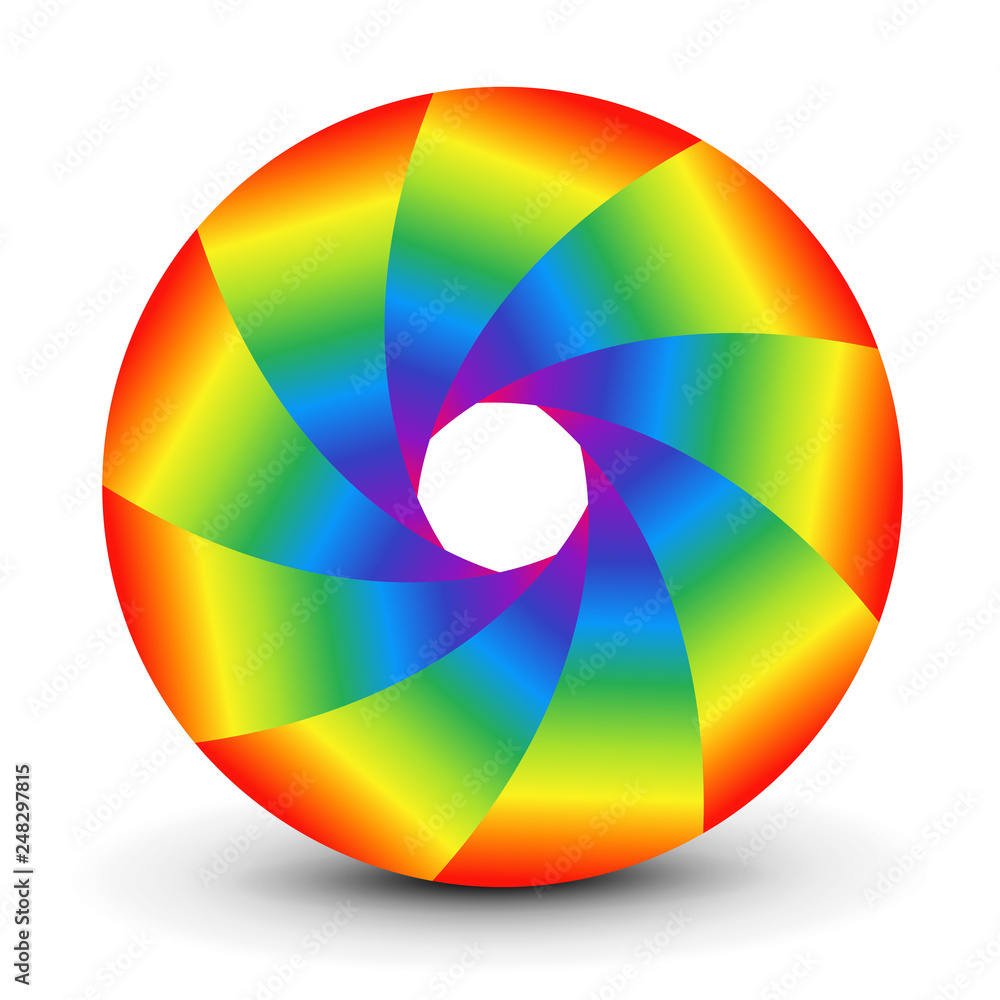 Poster symbol 3d, abstract lens design and rainbow colors vector shutter.