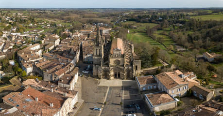 Fototapeta na wymiar Aerial view, Cathedral of Bazas, Gironde, Aquitaine, film by drone