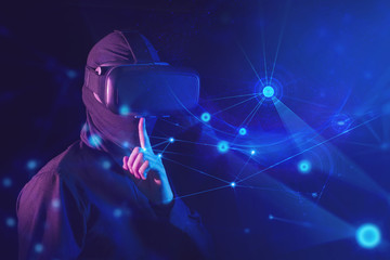 hacker bad guy with virtual reality glass and digital security internet network concept