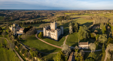 Fototapeta na wymiar Aerial view, Roquetaillade Castle film by drone, South-western France