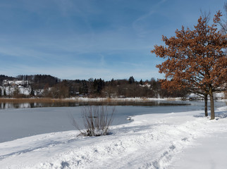 Bayerische Landschaften. Gmund am Nordufer des Tegernsees. Seepromenade. Naturpark am See entlang. Strandbad, Seeglas und Abenteuerspielplatz.