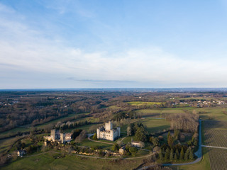Fototapeta na wymiar Aerial view, Roquetaillade Castle film by drone, South-western France