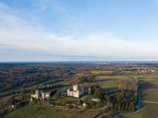 Aerial view, Roquetaillade Castle film by drone, South-western France