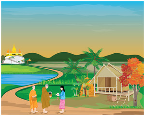 the monk receive food from woman at countryside vector design