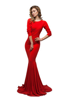 Full height portrait of seductive woman in red dress isolated on white
