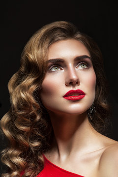 Portrait of a woman with red lips close-up