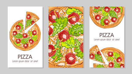 Vector colorful illustrations on the pizza theme; pizzas from different recipes. Template for advertising products. Cards for your design.