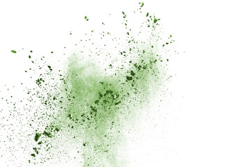 Obraz premium Green powder explosion on white background. Colored cloud. Colorful dust explode. Paint Holi.
