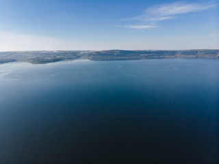 Fototapeta na wymiar Bakota bay, Ukraine, scenic aerial view to Dniester, lake water, sunny day