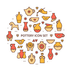 Circle template pottery workshop, ceramics classes banner illustration. Hand building, sculpturing equipment. Art shop template with place for text. Vector line icon of clay studio tools.