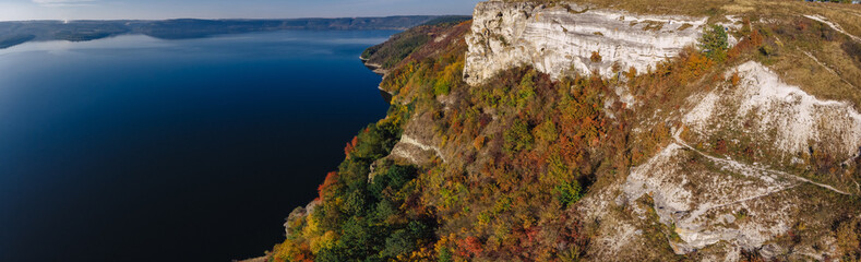 Bakota bay, Ukraine, scenic aerial view to Dniester, stones above the lake water, sunny day