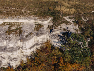 Bakota bay, Ukraine, scenic aerial view to Dniester, stones above the lake water, sunny day