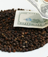 black peppercorns in plate and 100 usd dollars,