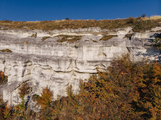 Bakota bay, Ukraine, scenic aerial view to Dniester, stones above the lake water, sunny day